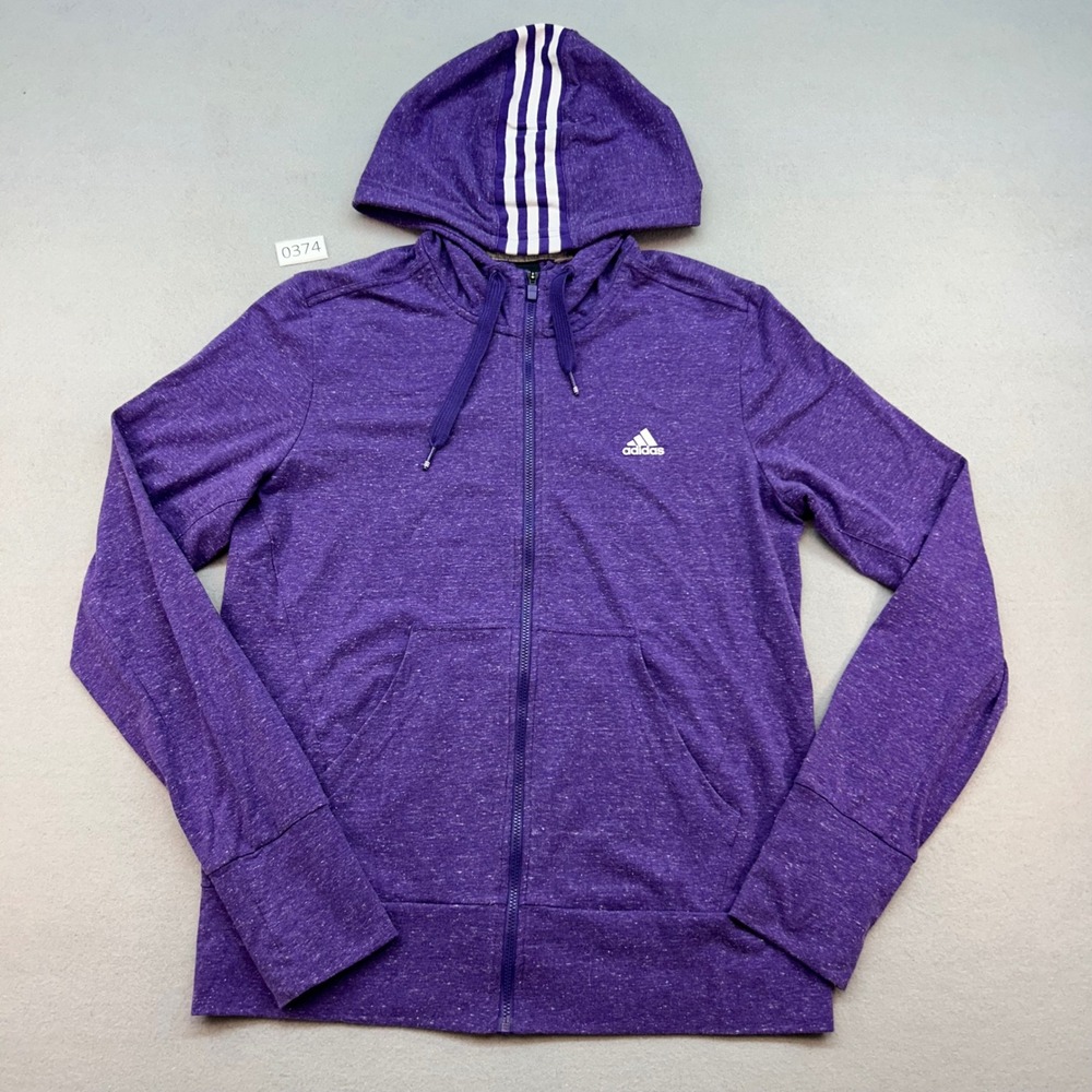 Adidas Womens Purple Heathered Full Zip 3 Stripe Hooded Jacket Sweatshirt